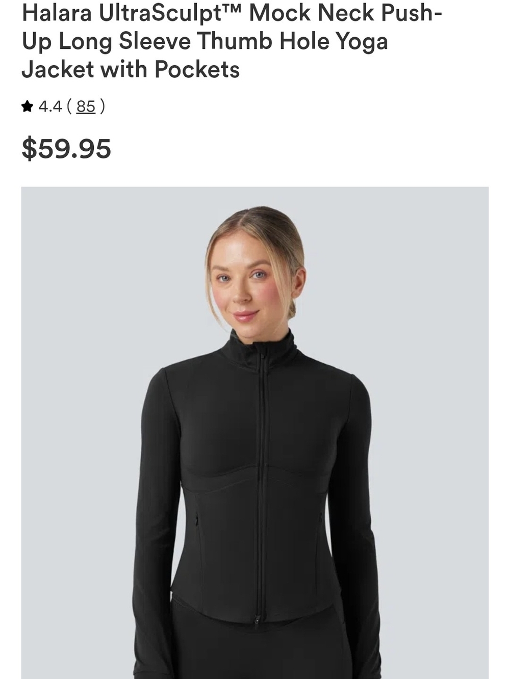 HALARA Black Mock Neck Zip-Up Long Sleeve Thumbhole Yoga Jacket